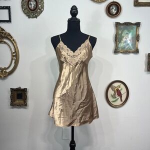 Vintage Victoria's Secret lingerie Champagne Satin Lace Trim Slip Dress
